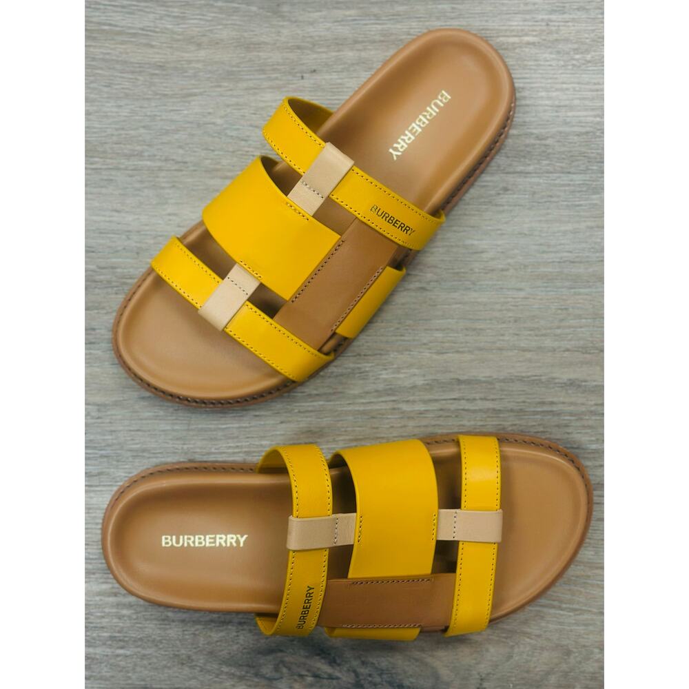 BURBERRY Yellow & Tan Thelma Color Block Leather Slides Sandals Sz. 37 MRSP $790 - Picture 2 of 8